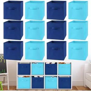 12 count Cube Storage Bin Blue 10.5''x10.5''x11'' Storage Bins for Playroom Decor Colorful Bins for  Foldable Baskets for  Organizer Boxes Fabric Boxes(Dark and Light Blue)