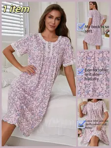 Women's Floral Nightdress Summer Thin Lightweight Short Sleeve Loose Fit Breathable Retro Homewear, Cute Fitted Sleepwear for All Seasons