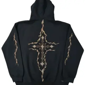 Bleach Hoodie Art with Intricate Cross Design and Tribal Side Accents