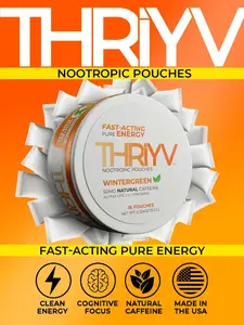 THRiYV Energy Nootropic Oral Pouches  -  Made 100% in the USA. No jitters, no crash. A quick boost with long lasting energy and invigorating flavor. Caffeine, Alpha GPC, and L-Theanine. Sugar-Free, energy drink alternative.