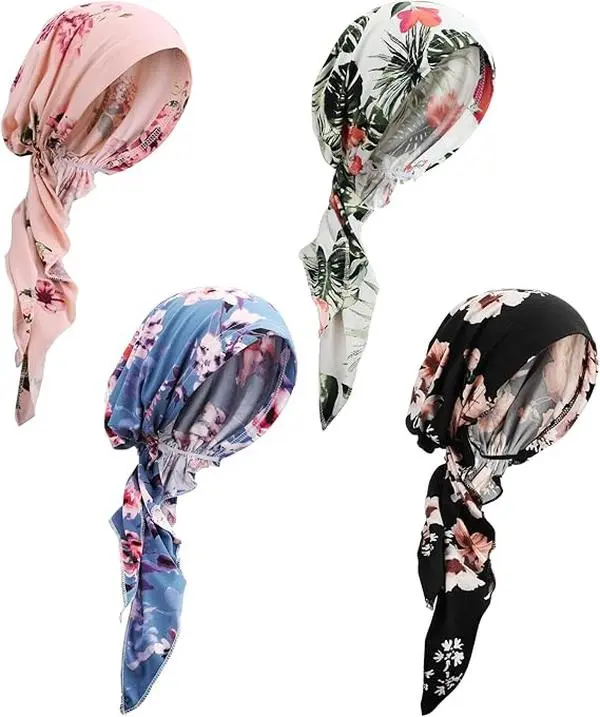 4 Packs Chemo Scarf Pre Tied Turban for Women, Pre Tied Cancer Caps Head Scarf Turbans for Women Patients Gifts