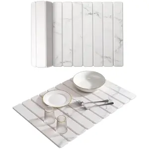 Large Stone Dish Drying Mat, Collapsible Stone Drying Mat for Kitchen Counter 24"(L)×16"(W) Absorbent Diatomaceous Earth Drying Mat, Quick Dish Drying Mats for Cups Dishes Bathroom Marble Pattern