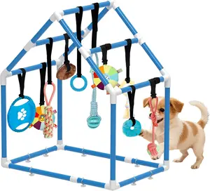 Puppy Play Gym with 8 Hanging Toys Interactive Indoor Play for Small Breed Puppies PVC Frame Stretchy Rope Velcro Blue Teething Activity Enrichment