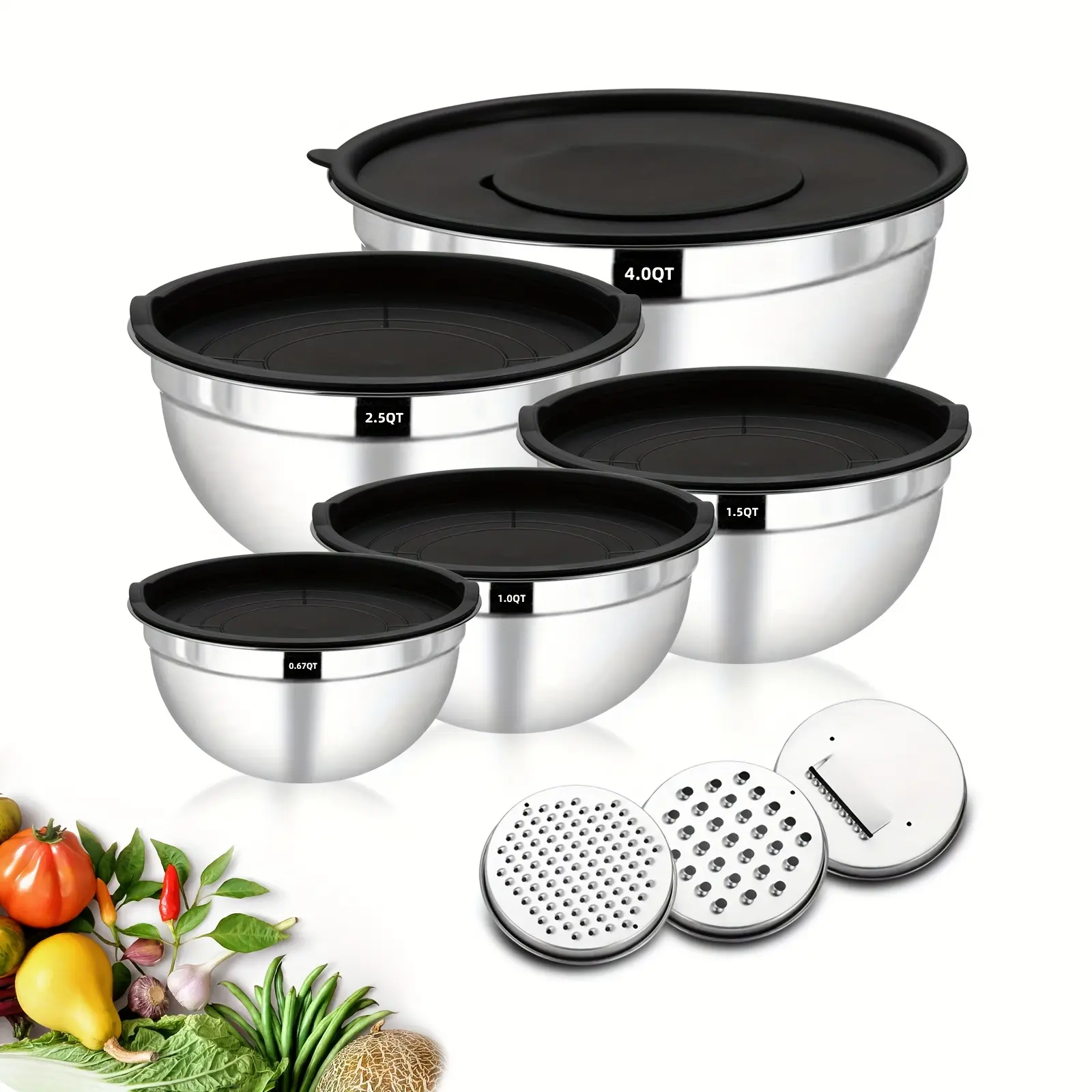 5-Piece Classic 304 Stainless Steel Tableware Mixing Bowl Set with Airtight Lids - Sturdy, Lightweight, Non-Slip Bottoms, 3 Grater Attachments, 1.5/2.1/3.5/4/4.5 QT, Dishwasher Safe, Salad Storage, Black, Mini Dessert Bowls Compatible, Kitchen Household P
