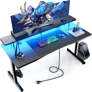 GTRACING 55 Inch Gaming Desk with Ergonomic Monitor Stand & RGB Lighting Carbon Fiber Surface Power Outlets Mouse Pad LED Lights for Home Office Modern Style