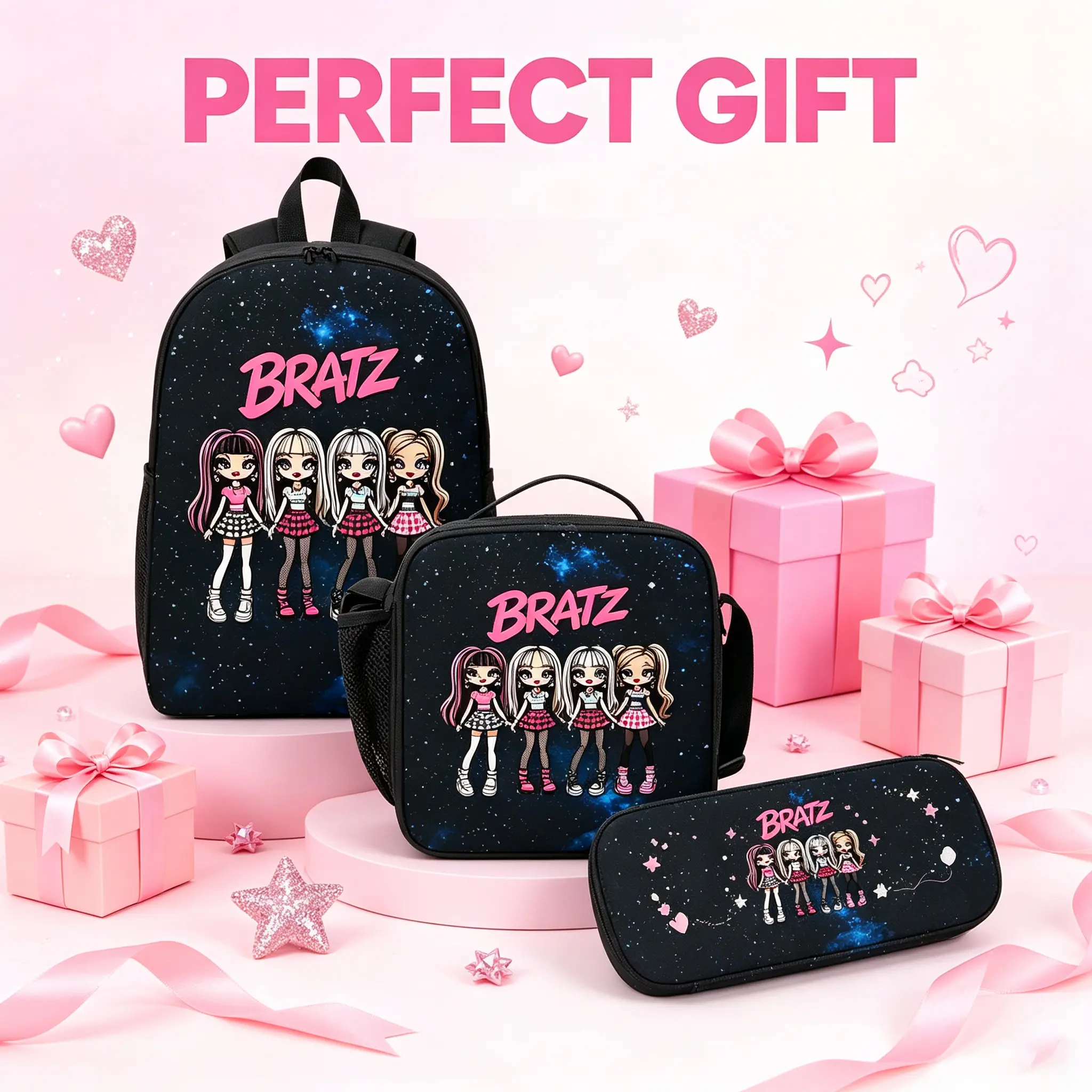 Y2K Bratz Girls Backpack 3-in-1 Set for Girls, 17Inch School Backpack with Insulated Lunch Bag, Pencil Case,PaddedStraps,Side Mesh Pockets,Kids Backpack,GirlsBookbag,2026 back to school,Y2K Aesthetic Bookbag forElementary Middle School Students
