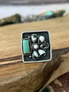 Handmade Sterling Silver White Buffalo with Kingman Turquoise Adjustable Ring "Signed Nizhoni"