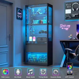 65" Glass Display Cabinet with LED Lights and Glass Doors- 65" Tempered Glass Curio Cabinet with Adjustable Shelves, Black Display Case for Collectibles Gaming Liquor