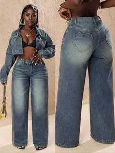 Women's Classic Elastic Comfortable Versatile Denim Plus Size Long Pants, Blue Washed Straight Leg Jeans with Heart Shape Pockets Jean Pants Bottoms