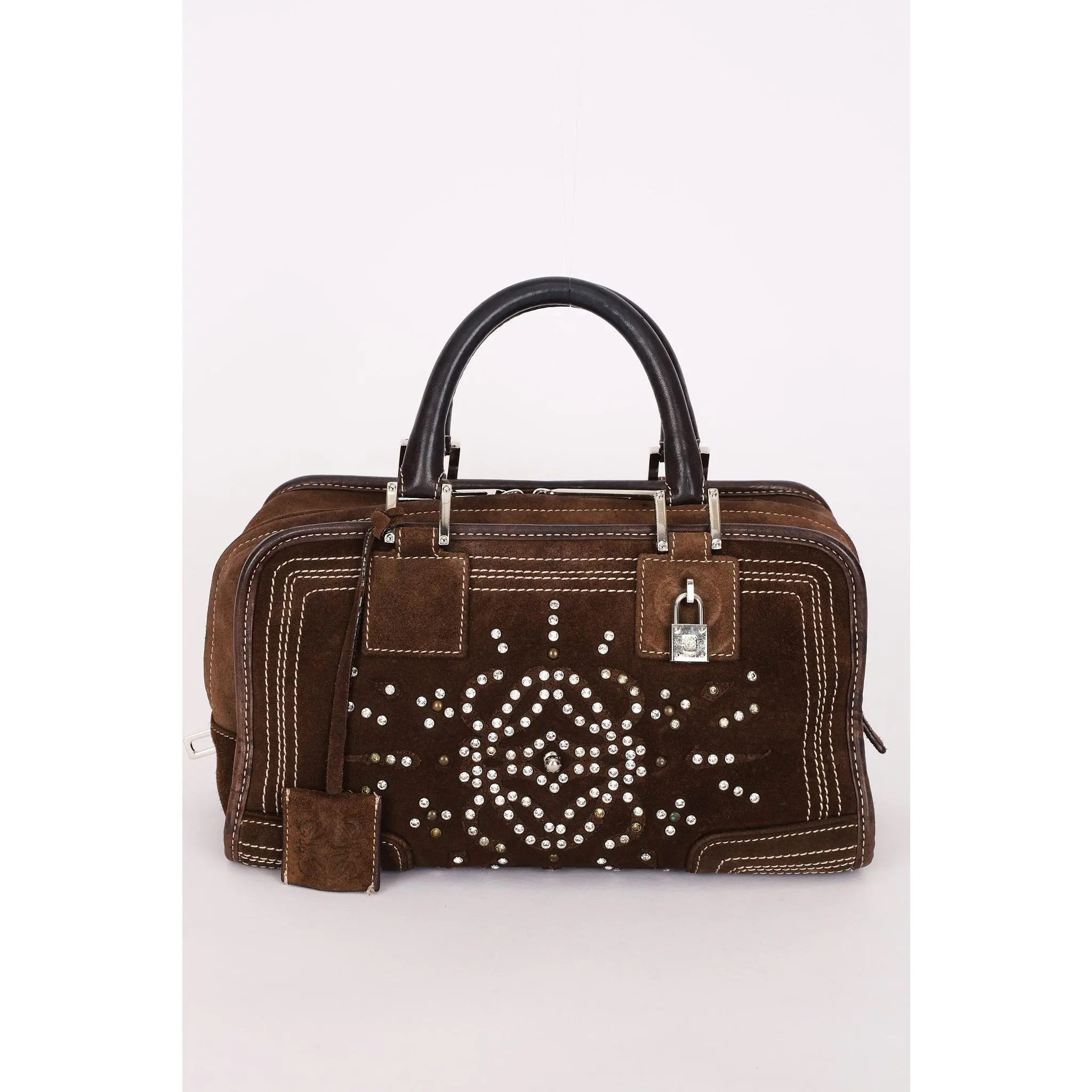 Pre-owned Loewe Designer Handbag/Wallet Studded Sol Anagram Amazona 28 Brown Suede Drop 48