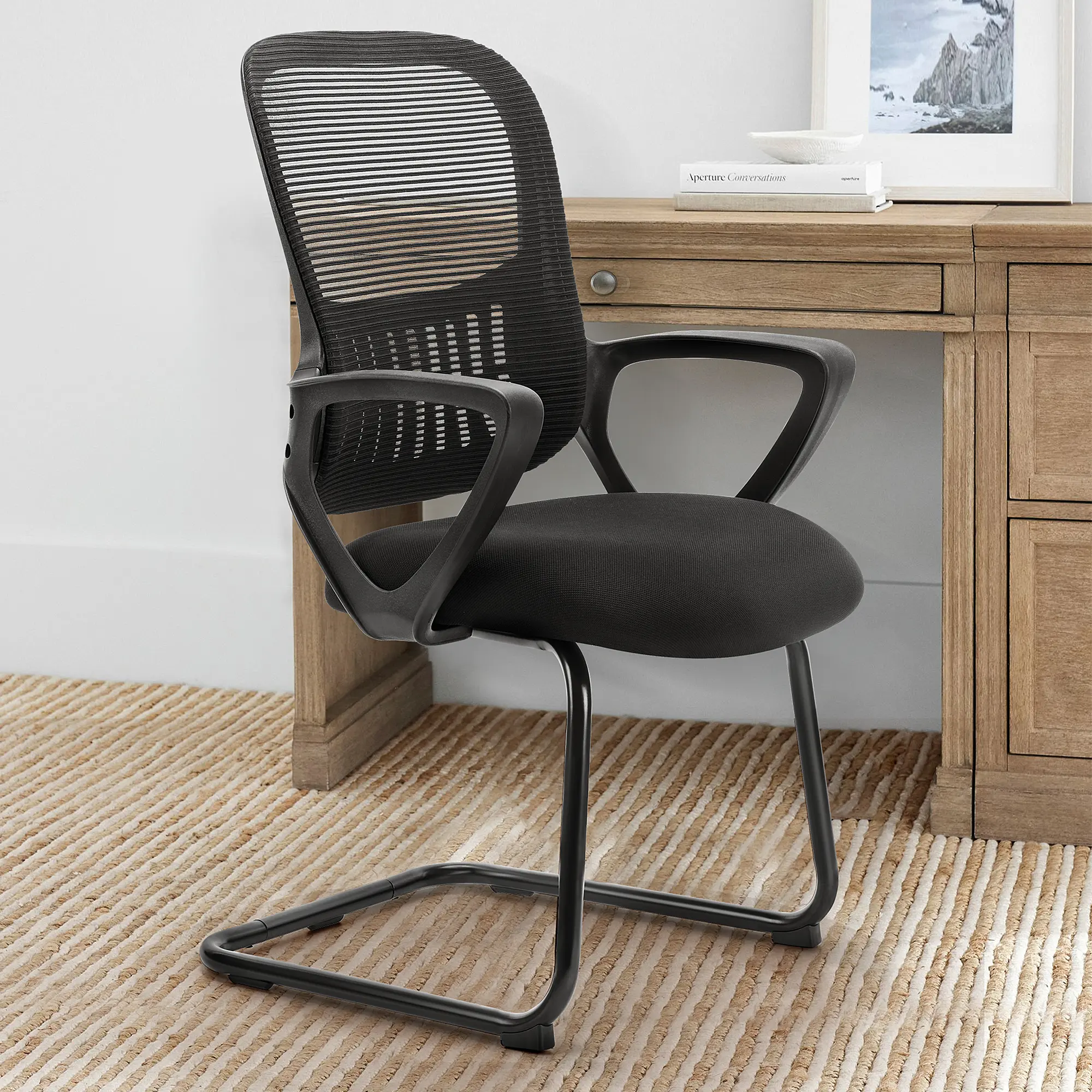 Desk Chair, Meeting Room Chair, Stationary Non Rolling Mesh Mid Back Computer Guest Side Chair with Lumbar Support for Home and Office