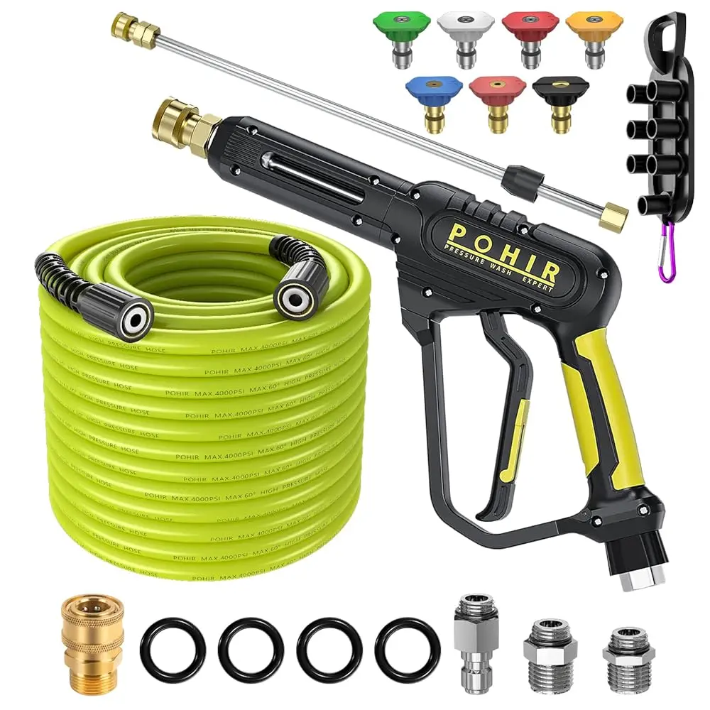 Summervibes POHIR Heavy Duty Pressure Washer Hose + Gun Kit - 3600 PSI Swivel Water Gun, 15in Wand, 7 Nozzles, Adjustable Water Pressure, 50FT Hose for Car Cleaning, Cars Accessories