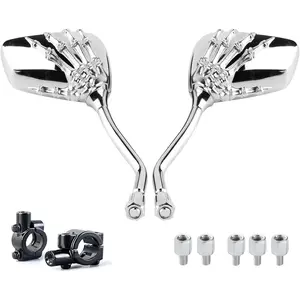 Chrome Skull Skeleton Hand Motorcycle Mirrors Universal 8mm 10mm Bolt with 7/8" Handlebar Mount Clamp for ATV Scooter Cruiser Honda Kawasaki Suzuki (Pair)