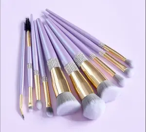 Bling 10 Piece Purple Rhinestone Makeup Brush Set with Soft Gray Bristles for Smooth Application and Elegant Design Perfect for Makeup Enthusiasts