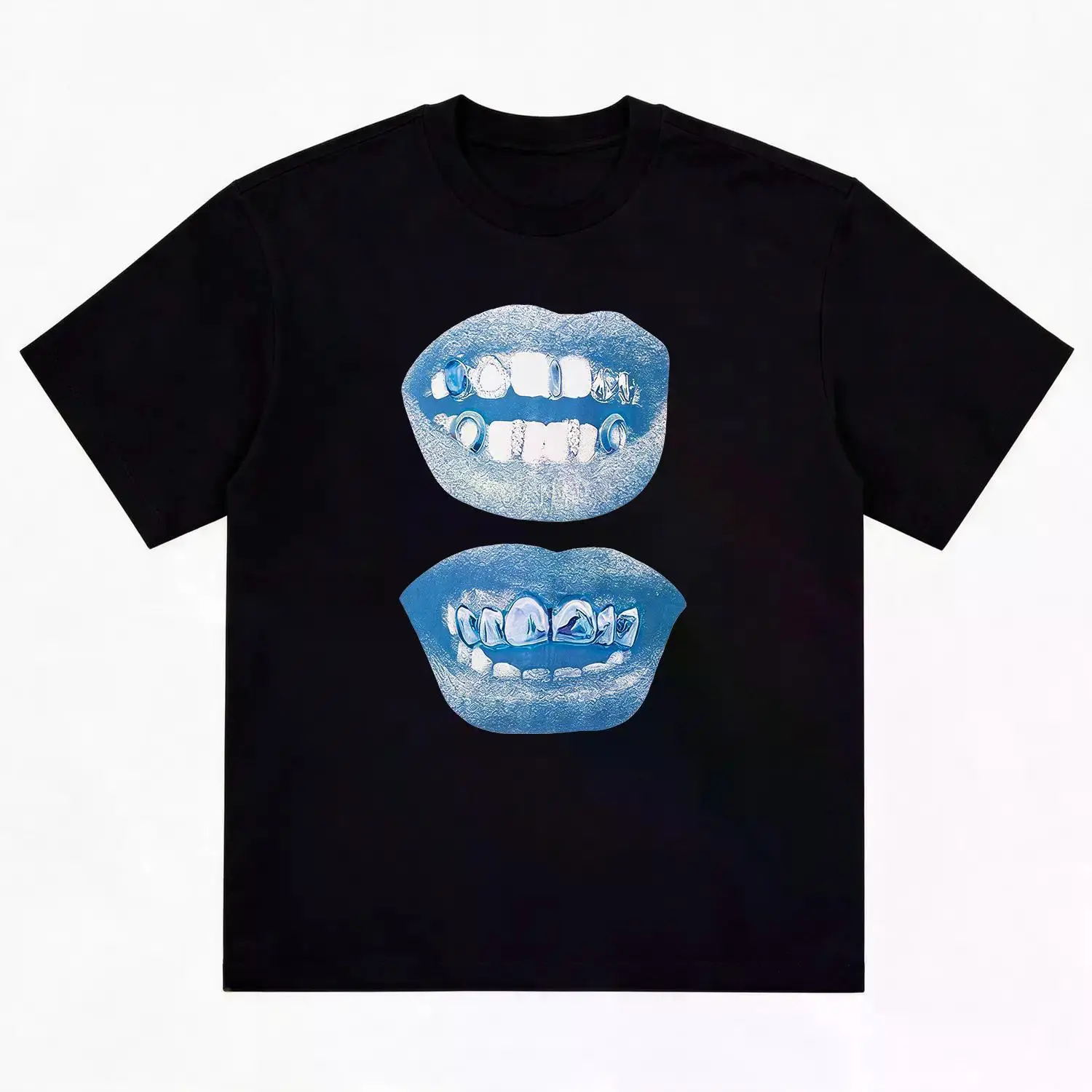Women's Heavyweight Cotton Oversized Crew Neck Short Sleeve T-Shirt - Front 2 Stacked Blue Grunge Lips Diamond Grillz Graphic, Y2K Edgy Hip Hop Retro Streetwear Unisex Casual Daily Outfit Top