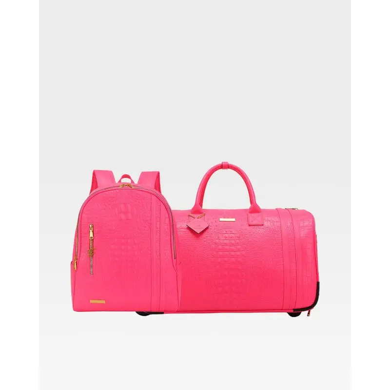 Statement Rolling Duffle Bag Set V2 - Neon Pink Modern Ready-to-Pack Luggage Set for Travelers, Pink Luggage Sets