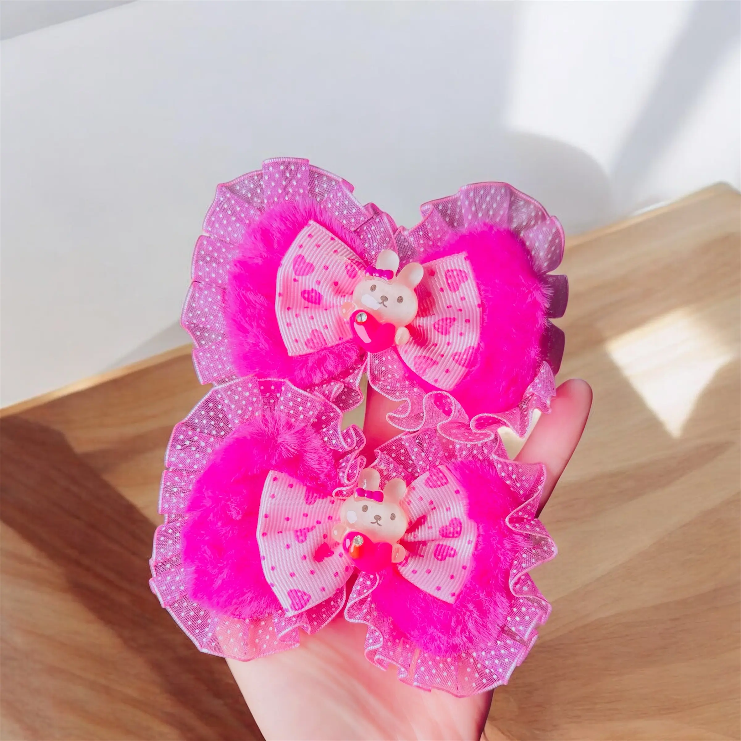 2 pieces fluffy hot pink bunny bow hair ties. fashion hair accessories . gift for girls ,teen , sweet woman