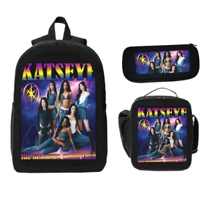 KATSEYE Band Themed Student Backpack Set - 3-Piece Black Backpack, Lunch Bag & Pencil Case for THE BEAUTIFUL CHAOS TOUR Fans