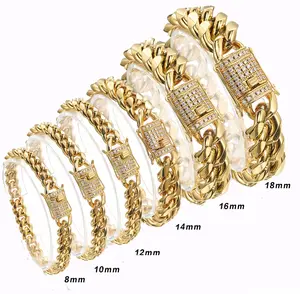 US-LUX - 2019  8/10/12/14/16/18mm Stainless Steel Miami Curb Cuban Chain Crystal Bracelet Casting Lock Clasp Mens Link jewelry