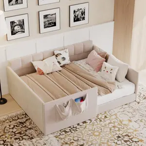 Full Size Velvet Upholstered Daybed with High Side Panels, Walk-In Side Entrance & Built-In Storage Pockets, Space-Saving Sofa Guest Bed for Bedroom, Living Room & Guest Room