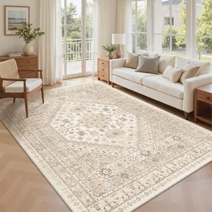Vintage Beige Area Rug - Large Soft, Machine Washable, Oriental Traditional Distressed Farmhouse Style - for Living Room, Bedroom, Home Office Indoor Floor Accent Decor (Various Sizes) thin boho runner