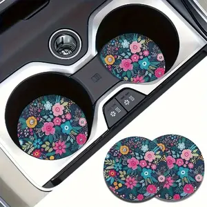 2Pcs Vintage Floral Car Coasters Absorbent Cup Holder Mat Navy Wildflower Automobile Beverage Pad Cute Vehicle Interior Accessories Aesthetic Gift for Women