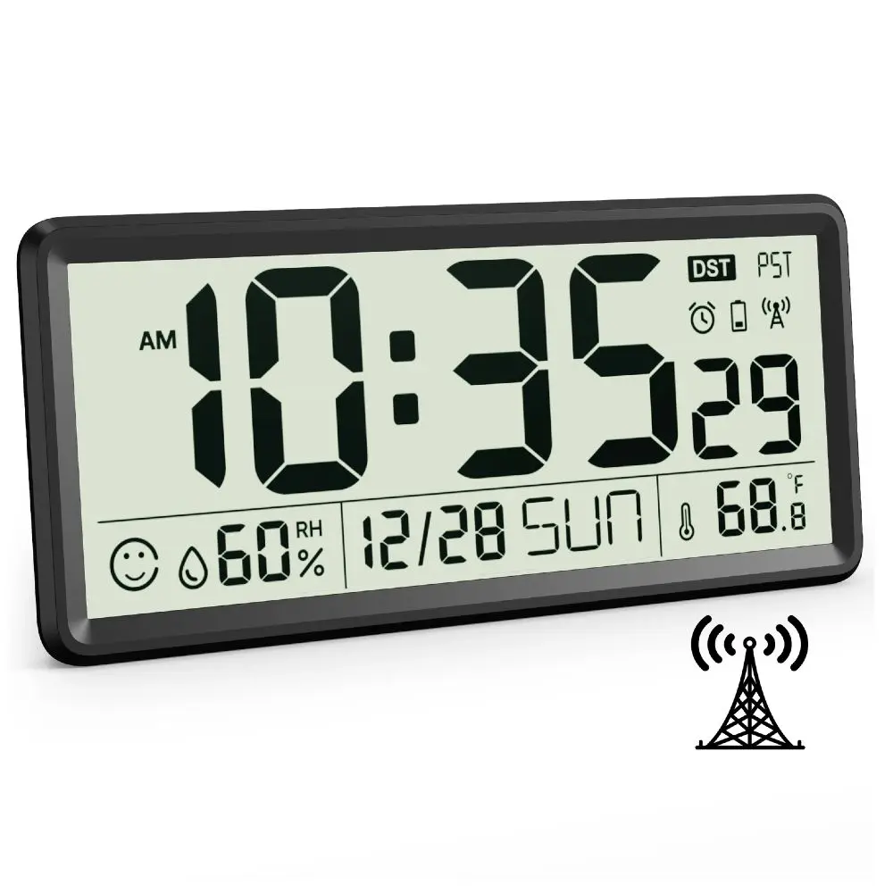 [Easy to Setup] 15 Inch Large Digital Clock, Self-Setting Atomic Clock, Auto DST, Battery Operated, Indoor Temperature & Humidity, Large Display Wall Clock for Garage/Office/Work Space/Shed/Kitchen/Classroom/Living Room(Batteries Not Included)