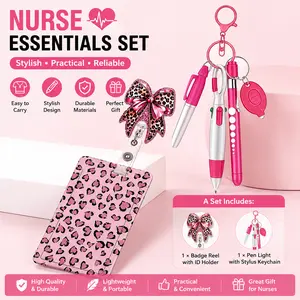 Cute leopard print badge clip set with bow, 360° rotating alligator clip, includes ID badge holder, nurse pen, and chest badge; suitable for office staff, nurses, teachers, and workers; ideal gift for women and for friends and classmates.