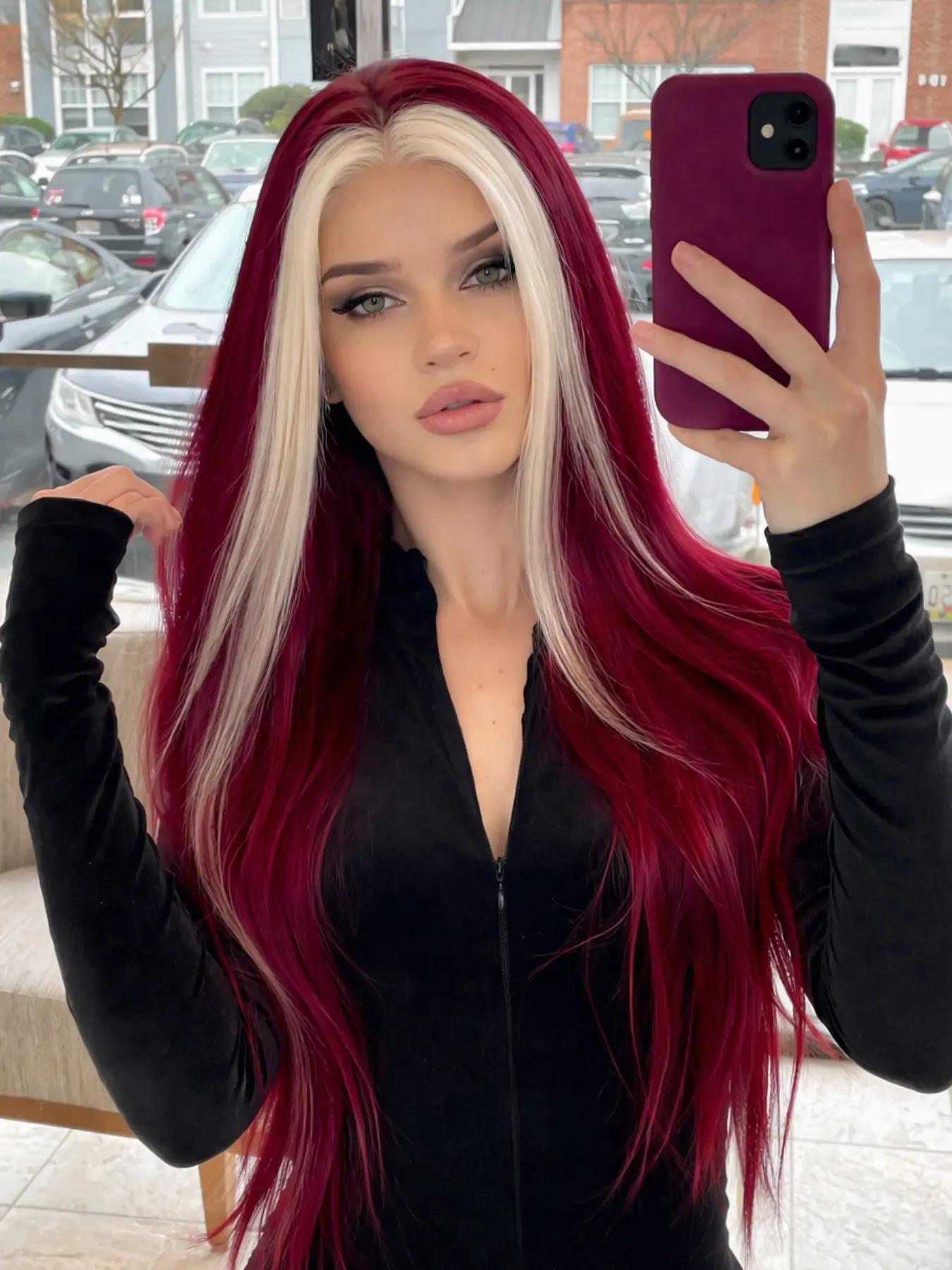 26 Inch Red and White Highlights Straight Hair Lace Front Wig Heat Resistant Synthetic Hair Natural Hairline Perfect for Daily Wear & Parties Synthetic Material Wigs