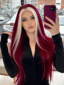 26 Inch Red and White Highlights Straight Hair Lace Front Wig Heat Resistant Synthetic Hair Natural Hairline Perfect for Daily Wear & Parties