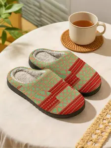 Exotic Patterned Ethnic Style Indoor Slippers, Plush Lining and Non-Slip Sole for Bedroom and Living Room, Casual Fall and Winter Footwear
