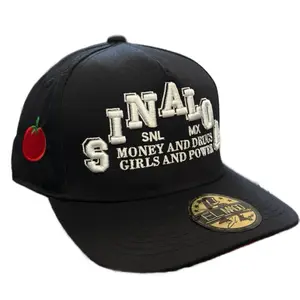 El Mago Black "Sinaloa" Brim Red Snapback Hat with Tomato Logo and Text Design