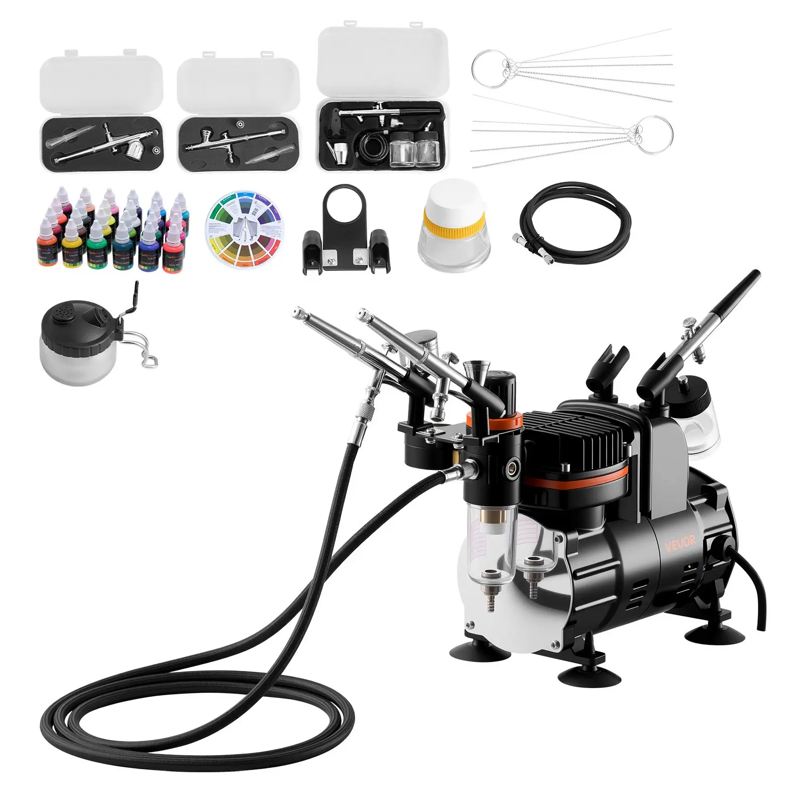 VEVOR 1/6 HP Motor Airbrush Kit with Air Compressor, 3 Dual-Action Professional Airbrushes (0.3 mm Tips), Hose, Acrylic Paint, Brush, Low Noise, for Art, Indoor Use, Cake Decorating, Model Painting, 0.3 0.3 0.35 Mm
