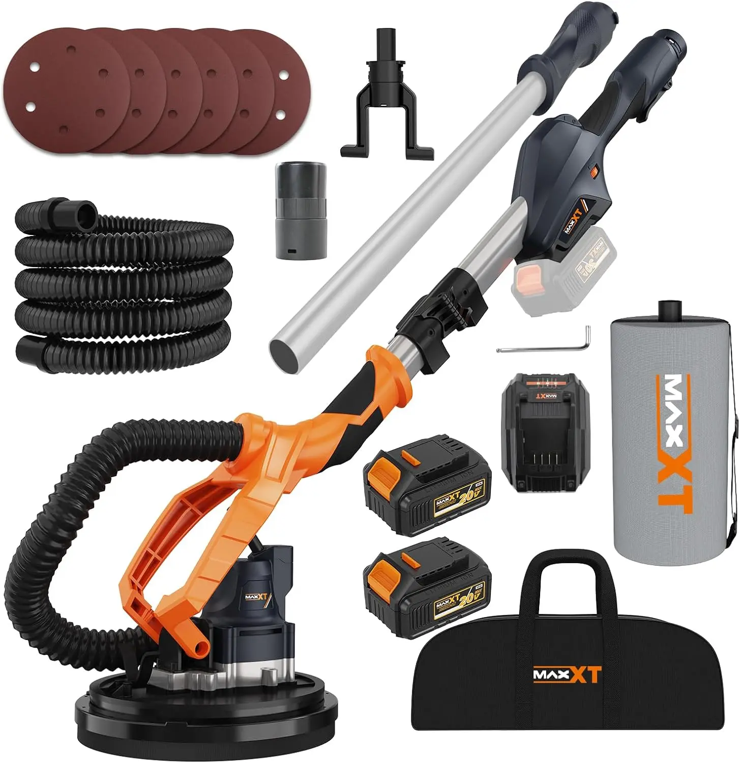 MAXXT Cordlees Drywall Sander with Vacuum Dust Collection, Brushless Electric Wall Sander with 7 Variable Speed Foldable Telescopic, Popcorn Ceiling Removal Tool, 2 Pack 4.0 Ah Battery and Charger
