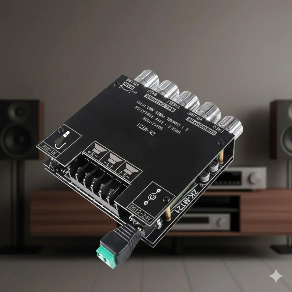 2.1CH Bluetooth Amplifier Board 50W+50W RMS Power Amplifier Module with 100W Subwoofer Output High Bass Treble Independent Control for DIY Speaker Home Theater Audio System HiFi Amplifier Module Amplifier Sound System