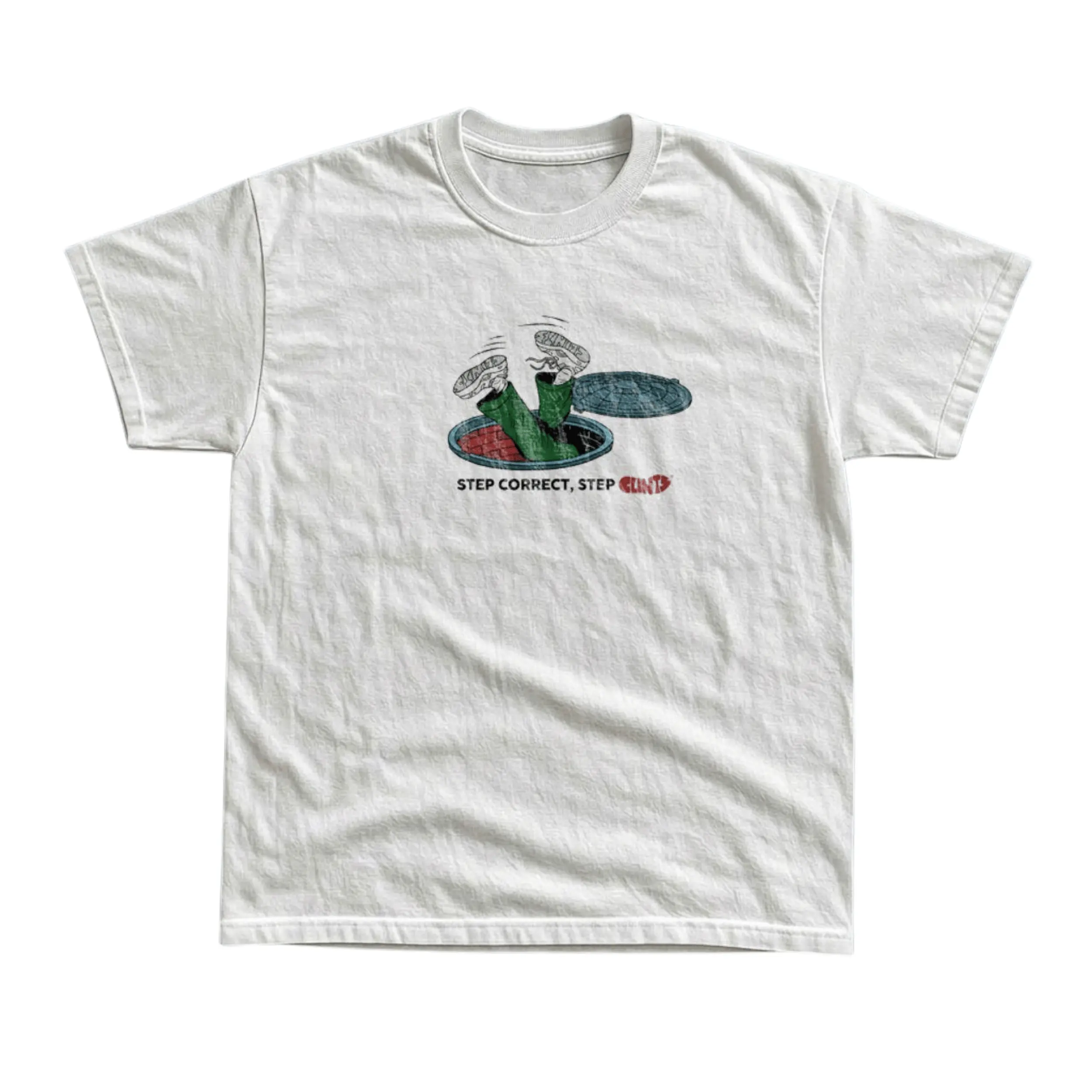Gildan Men's and Women's T-Shirt, Vintage Step Correct Step Clints Graphic Tee, Manhole Sewer Graphic, Funny Falling Cartoon, Urban Streetwear Style, Y2K Aesthetic, Green Pants Sneakers Art, Casual Unisex Top, Skater Aesthetic, Novelty Gift Shirt