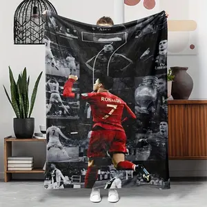 Luxury Ronaldo Football Star Flannel Blanket – Gift for Family & Friends, Cozy All-Season Throw for Sofa, Camping, Travel, and More, Black Background with Ronaldo Illustrations, Blanket