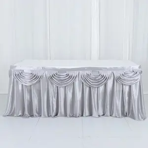 Satin Table Skirt 14ft Silver - Pleated Double Drape Table Cover