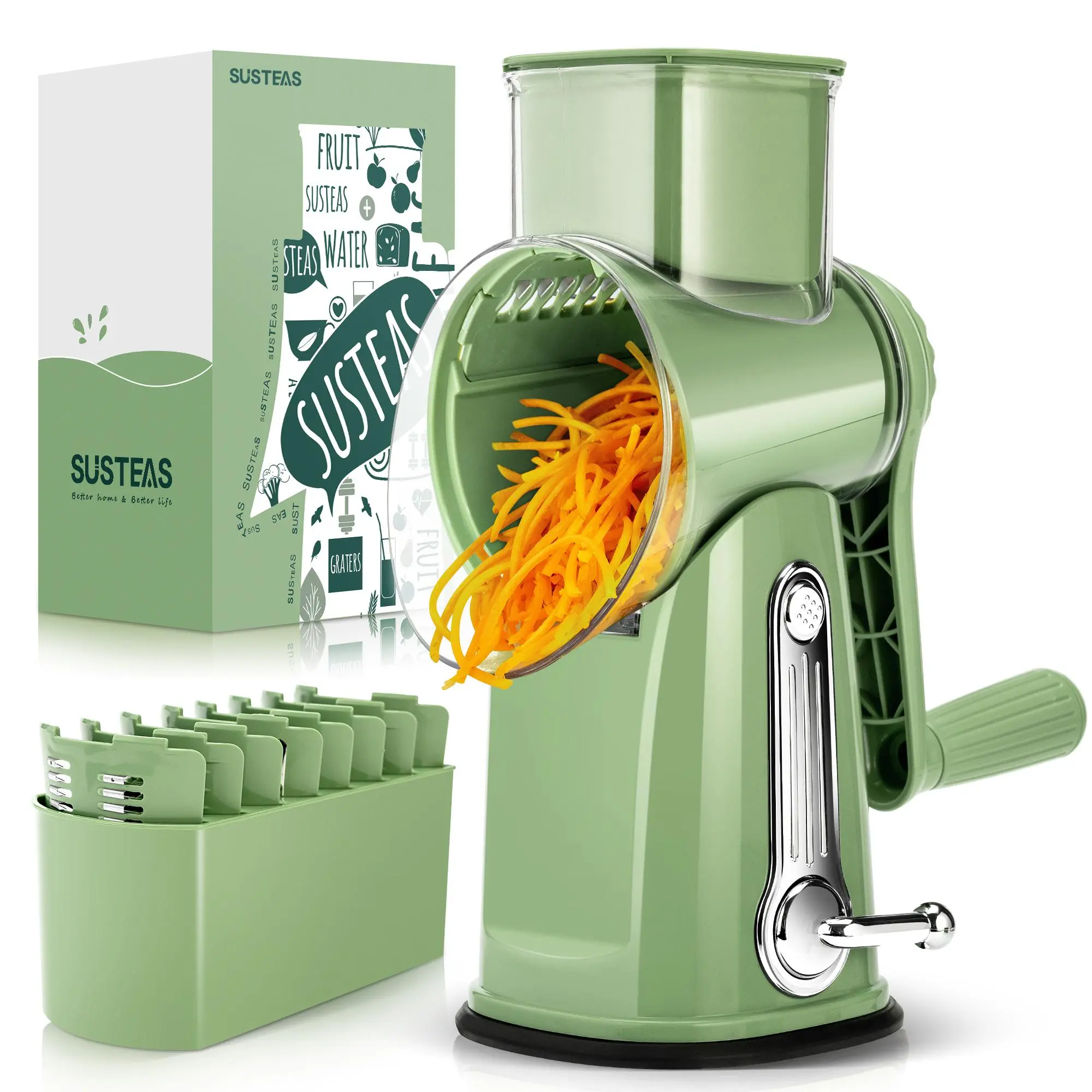 SUSTEAS Rotary Food Chopper – Durable Vegetable Slicer, Vegetable Grater with Handle, 5 Blades, Strong Suction Cup Base, Includes 1 Blade Storage Box, Kitchen Utensils