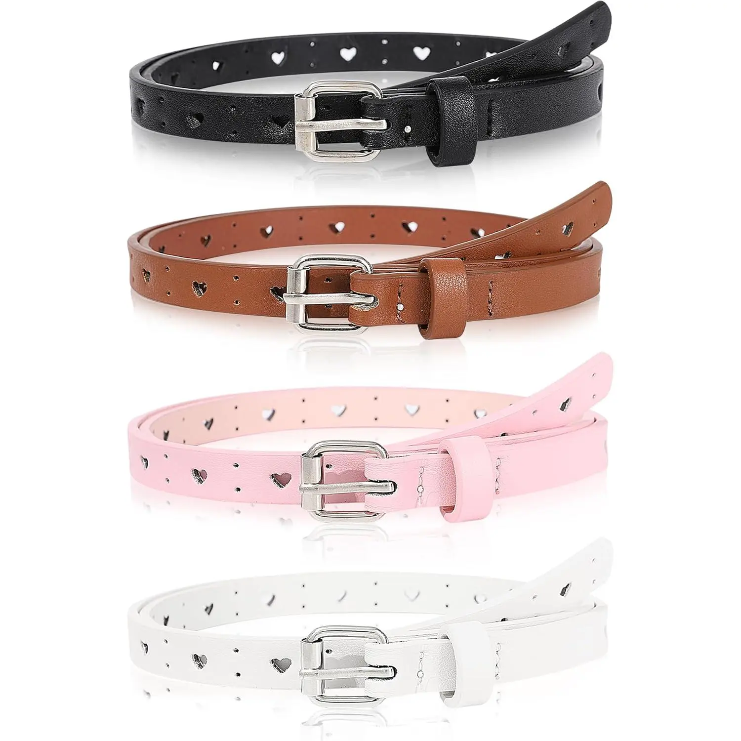 P-BLT06    Kids Belt for Girls,4 Pcs Durable PU Leather Belt Metal Buckle Heart Circle Hole Youth Toddler Belt for Uniform Casual