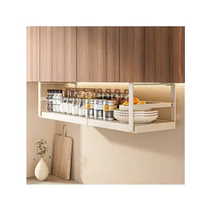 White - 10.62-17.71 inches Under Shelf Storage Basket Expandable,1Pcs Hanging Baskets Under Cabinet Shelf Organizer, Add-On Space Saver Kitchen, Pantry, Laundry Room, Heavy Duty Slide-In Under Cabinet Organizer Hanging Steel Adjustab