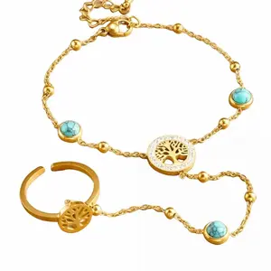 Gold-Plated Stainless Steel Jewelry Set with Turquoise and Tree of Life Design - Bracelet and Ring