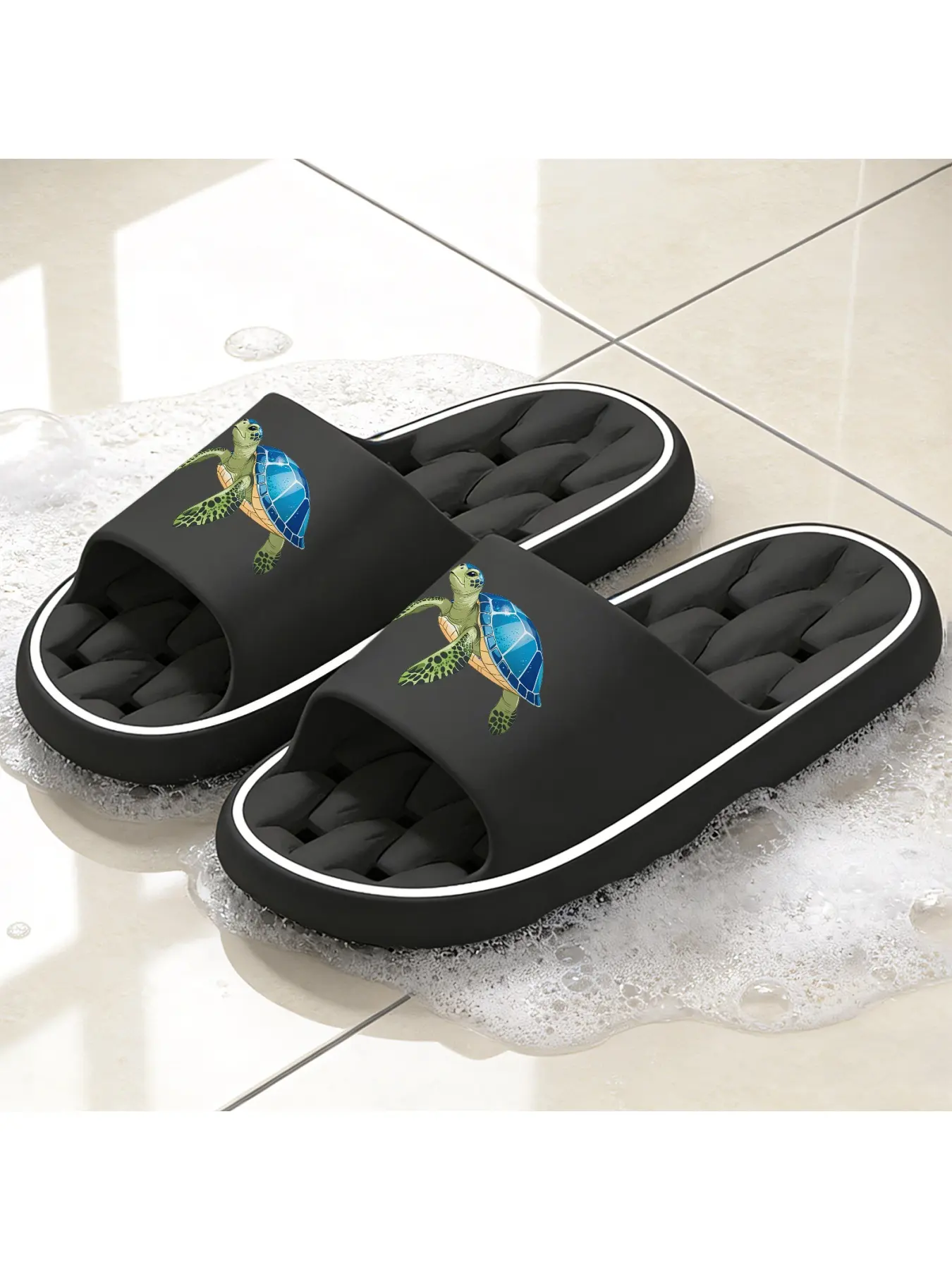 Cute Sea Turtle Print Quick-Dry Hollow Out Slide Slippers, Non-Slip Drainage Bathroom Shower Shoes, Soft Cushioned Home Sandals for Ocean & Animal Lovers