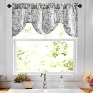 VOGOL Tie-up Valance for Kitchen Windows Blue Leaf Print Adjustable Balloon Shades Rod Pocket Curtain Panels Valances for Cafe 52x18 One Piece with 2 Ties Easy Care Linen Textured Fabric