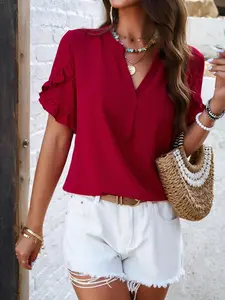 Women's Plain Ruffle Trim Petal Sleeve Notched Neck Blouse, Summer Clothes Women, Elegant Fashion Top for Summer, Ladies Clothes for Daily Wear