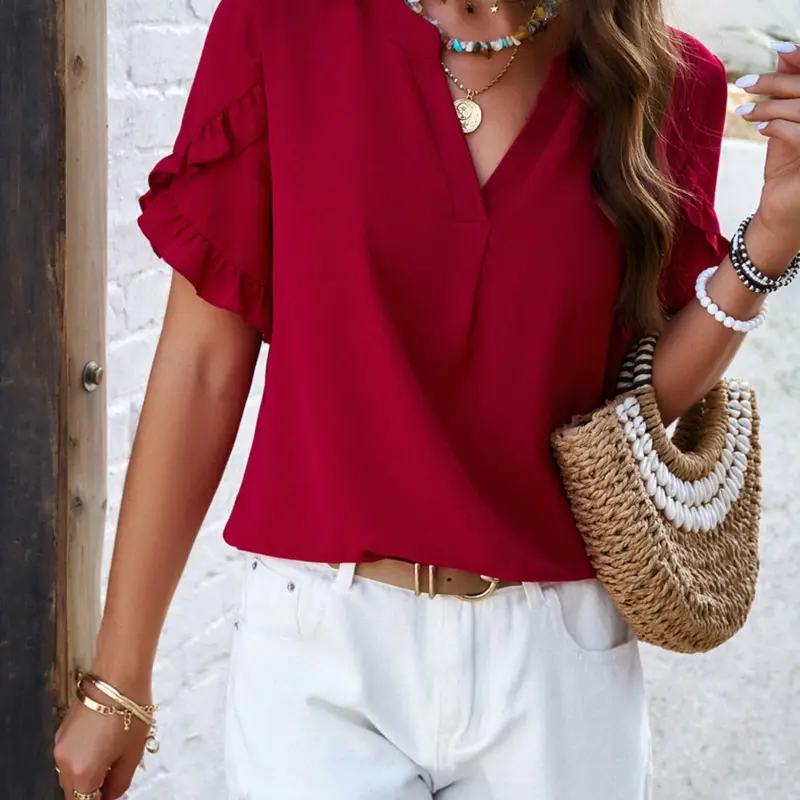 Women's Plain Ruffle Trim Petal Sleeve Notched Neck Blouse Shirts, Boho Fashion Shirt, Womenswear, Summer Clothes Women, Elegant Casual Fashion Top for Summer, Ladies Clothes for Daily Wear, Beach Tops, Blouses Shirts Tops