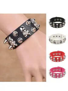 New Black Pink Spike Rivet Skull Punk Men Gothic Goth Cuff Bracelet Women Girls Gift PU Leather Bracelets Stackable Bracelets Trendy Fashionable Accessories