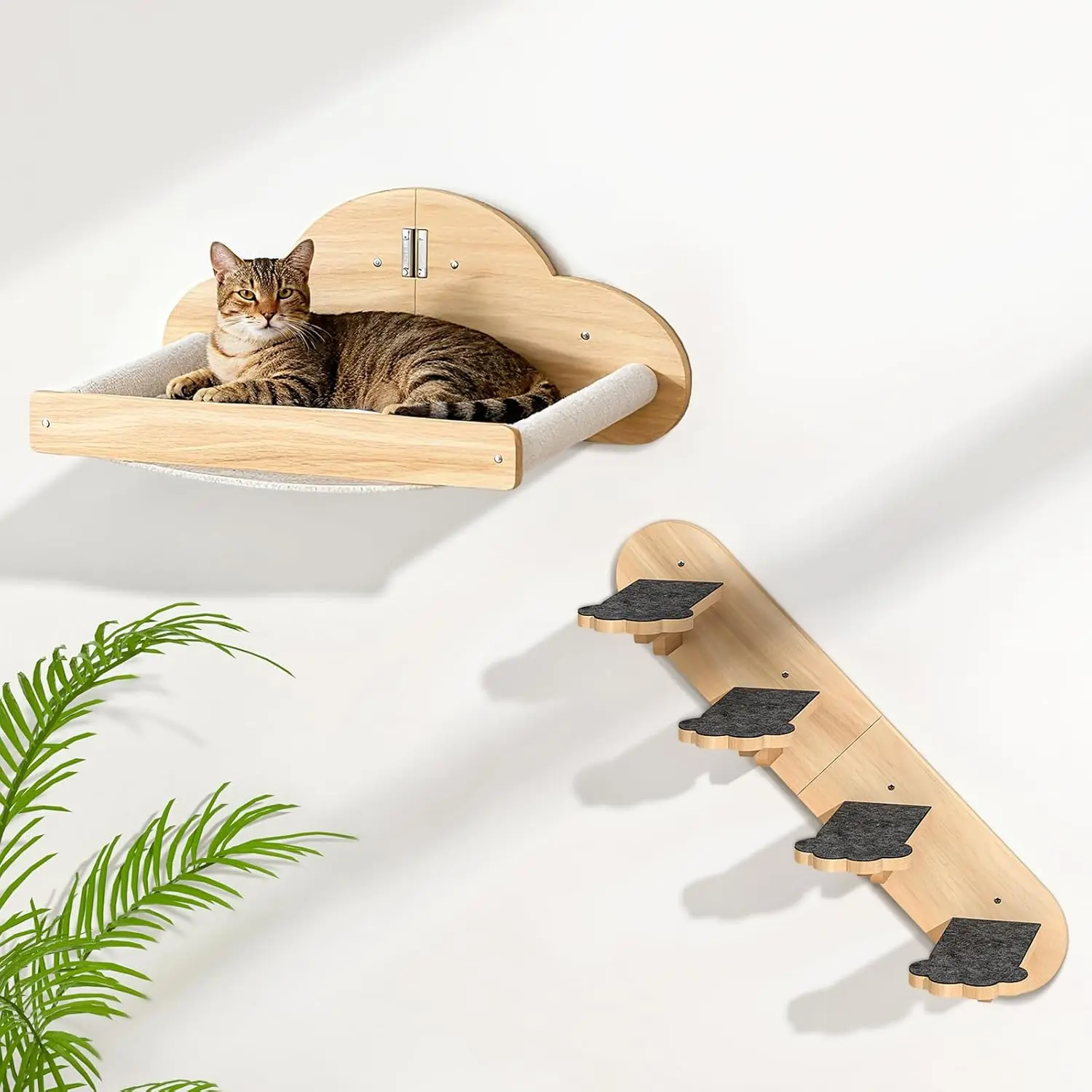 Wall-mounted cat hammock, equipped with 3 climbing steps, a pine cat climbing frame, and a cat platform that can support up to 30 pounds, suitable for indoor sleeping, resting, climbing, and playing