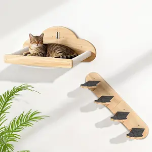 Wall-mounted cat hammock, equipped with 3 climbing steps, a pine cat climbing frame, and a cat platform that can support up to 30 pounds, suitable for indoor sleeping, resting, climbing, and playing