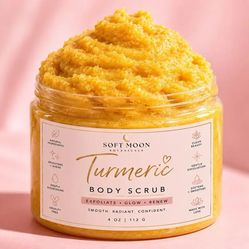 Turmeric Body Scrub for Glowing Skin | Gentle Exfoliating Sugar Scrub with Natural Oils | Unscented | Helps Smooth Rough Skin & Improve the Look of Uneven Skin Tone | Moisturizing Full Body Exfoliator | 4 oz